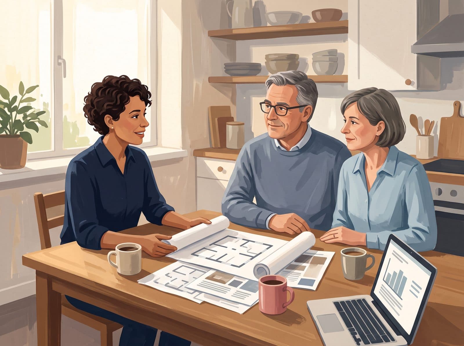 Illustration: Beratungsgespräch am Küchentisch mit Grundrissen und Laptop