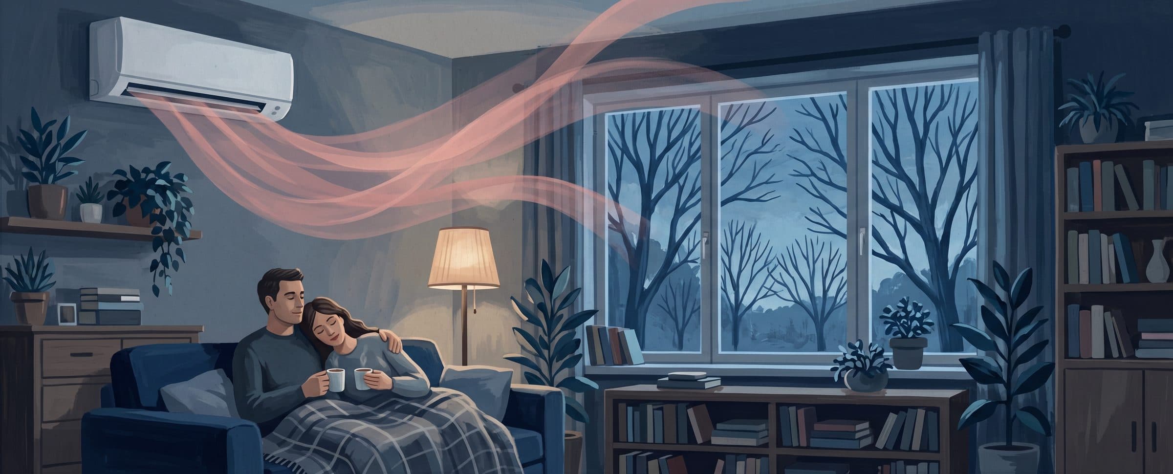 Illustration: Split-Klimaanlage heizt ein Wohnzimmer in der kalten Jahreszeit