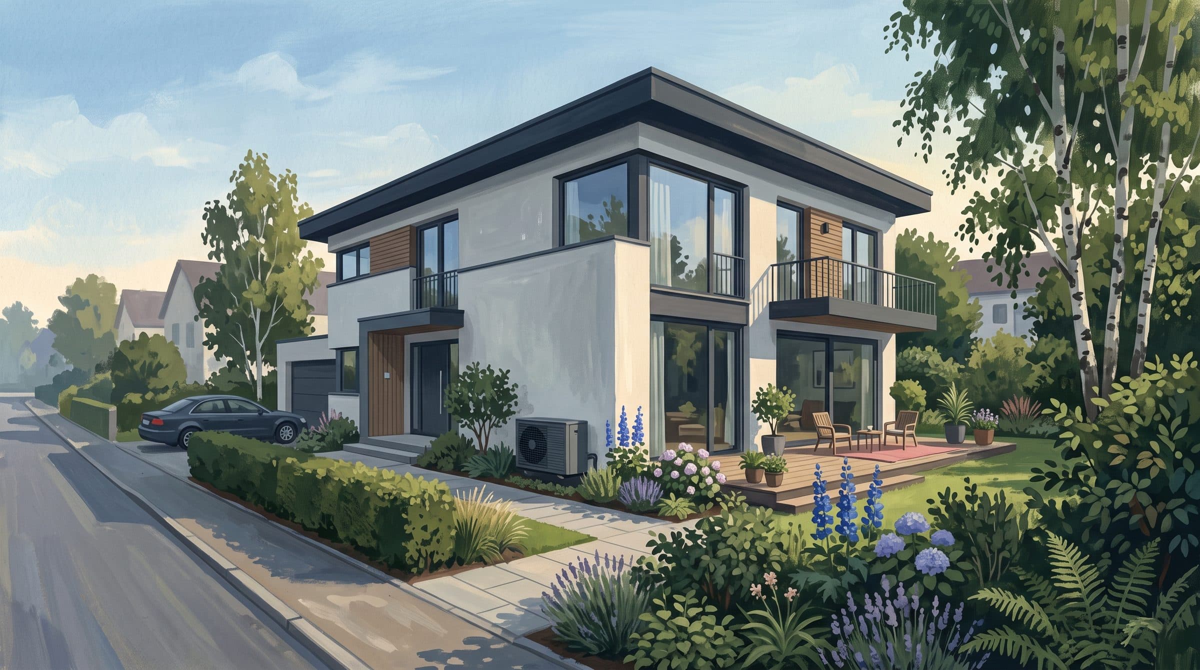 Illustration: modernes Wohnhaus mit Klimaanlagen-Außengerät im Garten