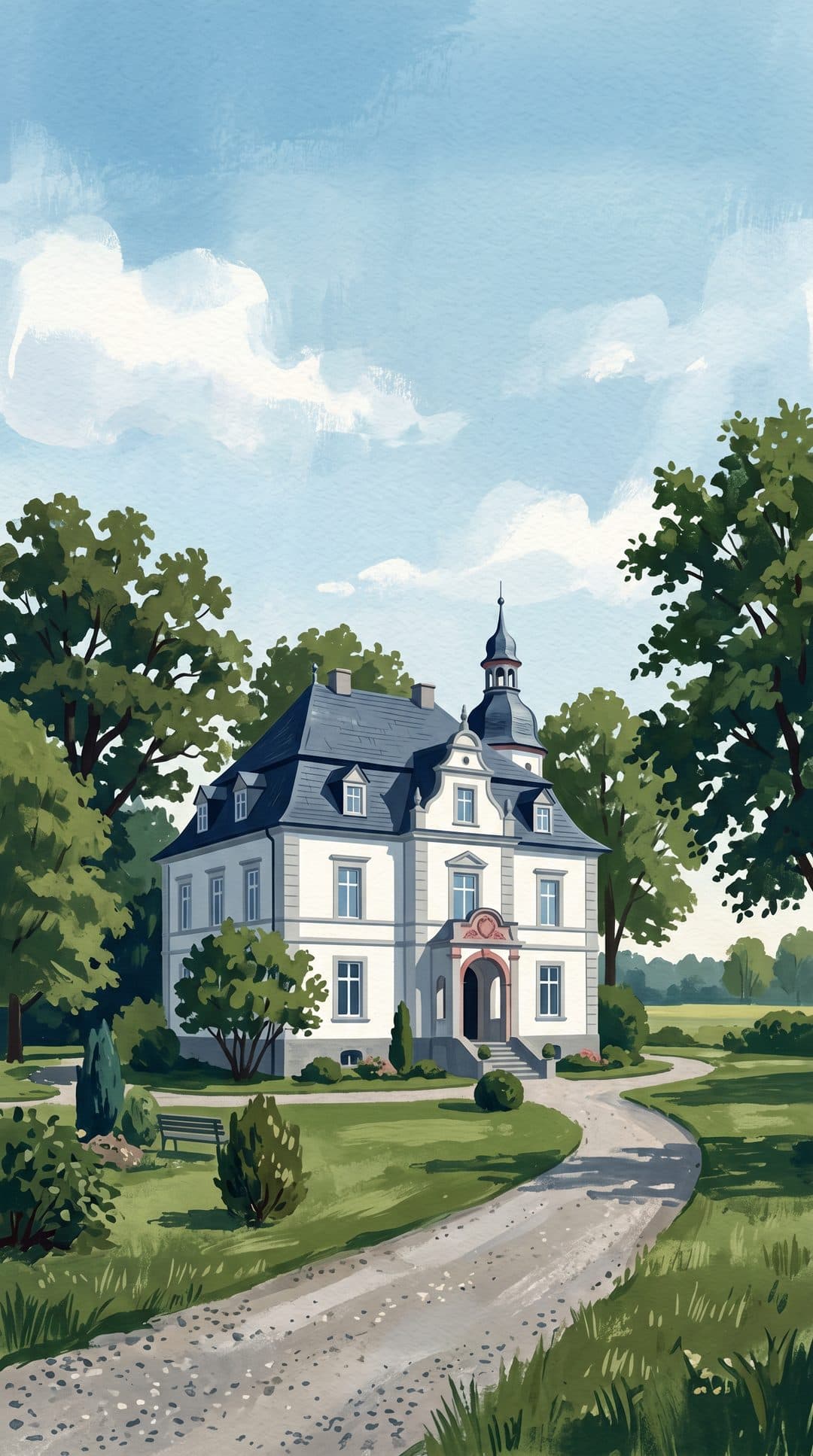 Illustration: weißes Herrenhaus mit Park — Motiv nach Burg Wissem in Troisdorf