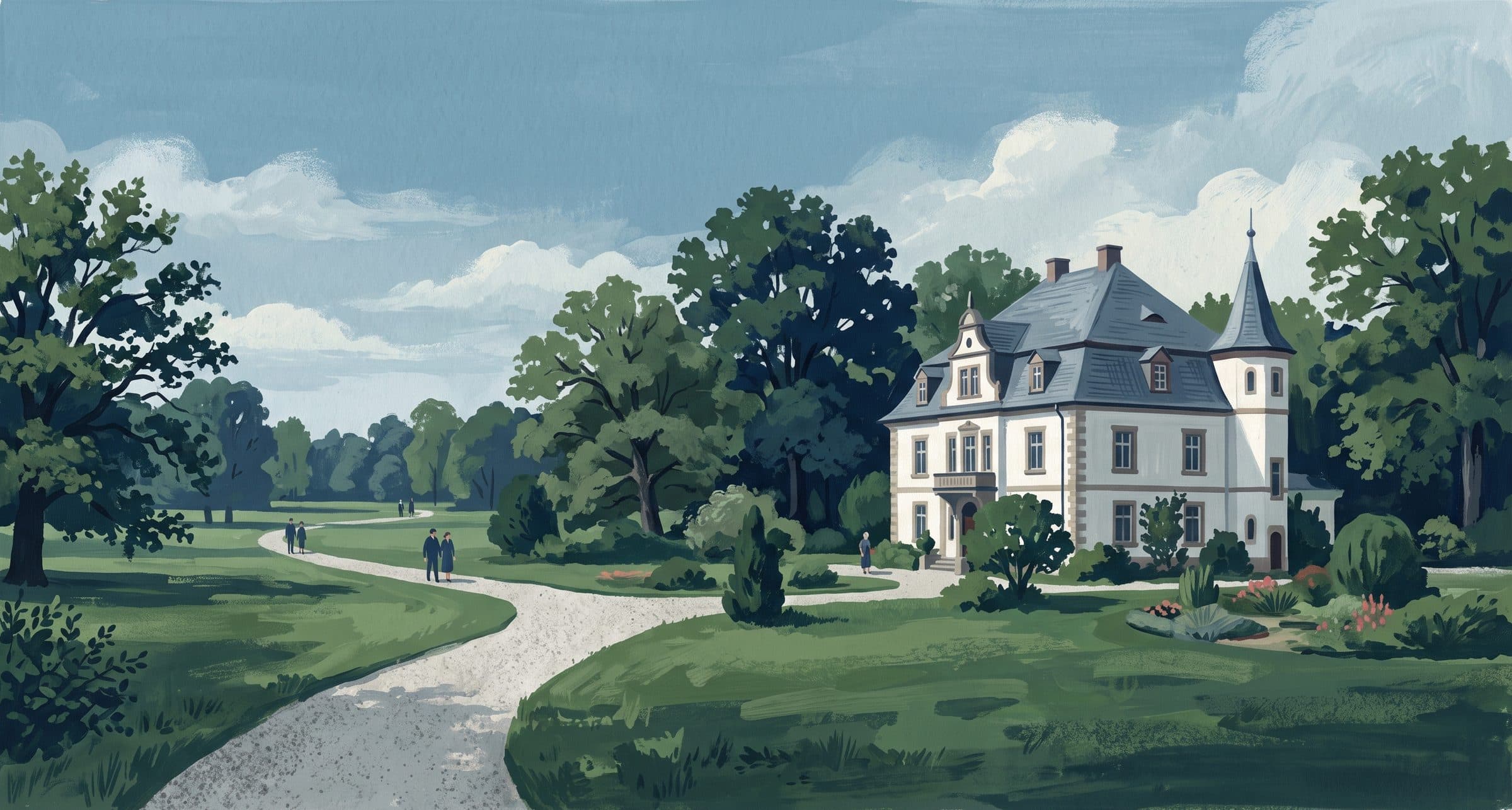 Illustration: weißes Herrenhaus mit Park — Motiv nach Burg Wissem in Troisdorf