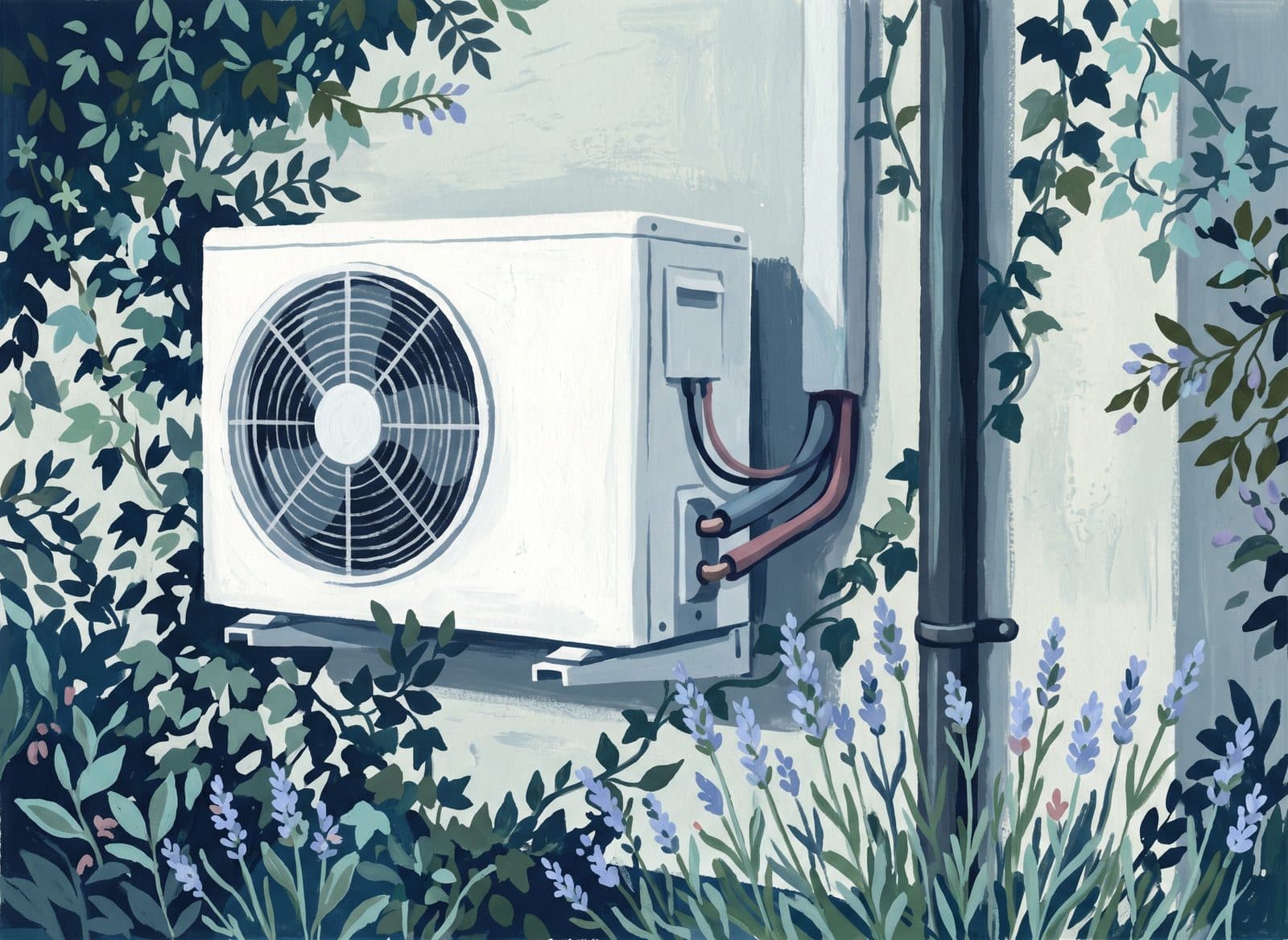 Illustration: Klimaanlagen-Außengerät an einer Hauswand zwischen Lavendel